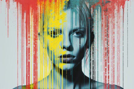 a woman with colorful paint dripping down her faceの素材