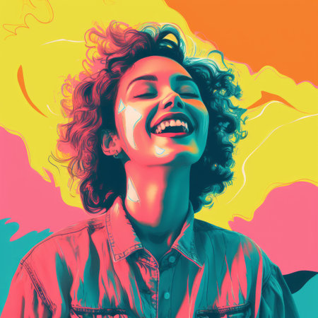 a woman with curly hair is smiling in front of a colorful backgroundの素材