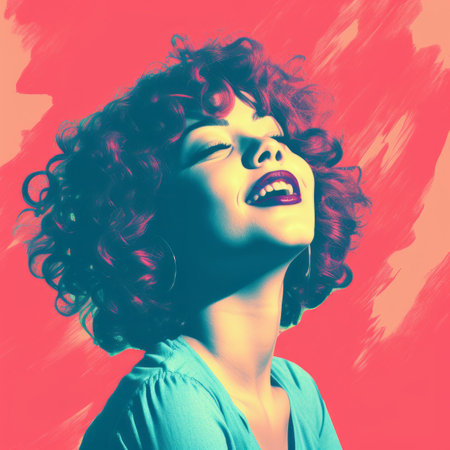 a woman with curly hair is smiling in front of a colorful backgroundの素材