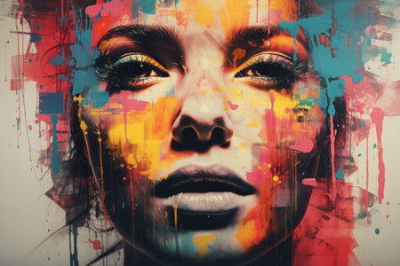 a woman with colorful paint splatters on her faceの素材