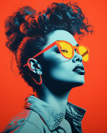 a woman with curly hair and sunglasses on an orange backgroundの素材