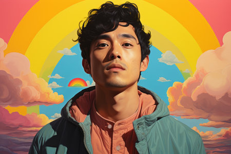a man with curly hair standing in front of a rainbowの素材