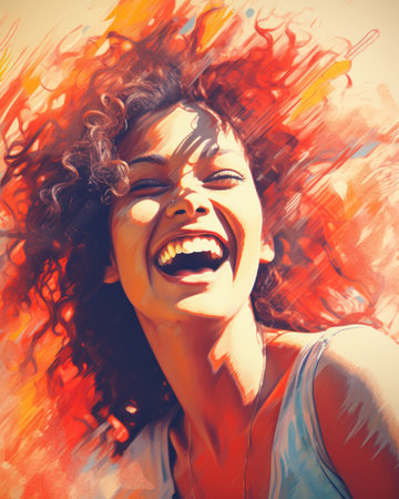 a woman with curly hair is laughing and smilingの素材