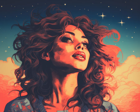 a woman with curly hair and stars in the skyの素材