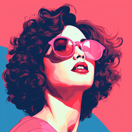 a woman with curly hair wearing pink sunglassesの素材