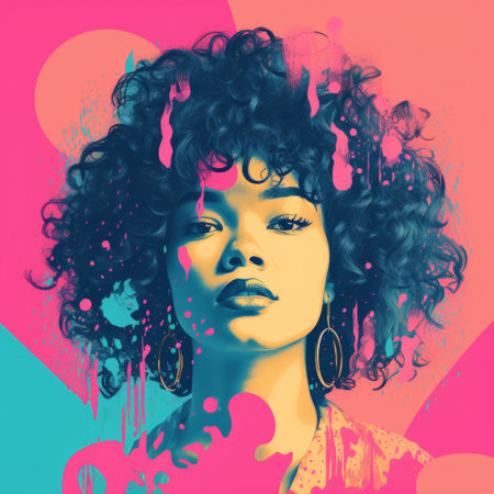 a woman with curly hair and colorful paint splatters on her faceの素材