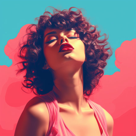a woman with curly hair and red lipstick on a pink backgroundの素材