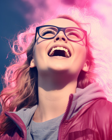 a woman with glasses and a pink jacket is laughingの素材