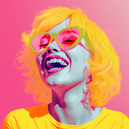 a woman with bright yellow hair and pink glassesの素材