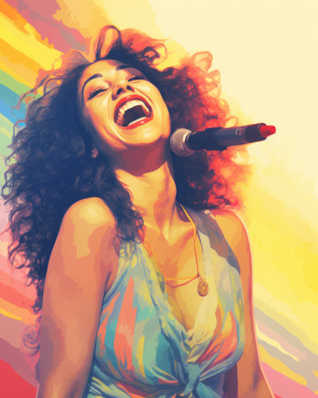 a woman with curly hair singing into a microphoneの素材