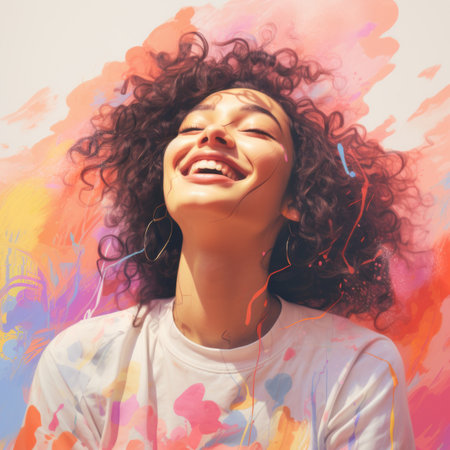 a woman with curly hair is smiling in front of a colorful backgroundの素材