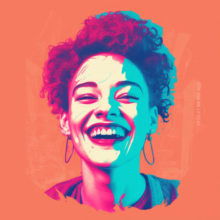 a woman with curly hair is smilingの素材