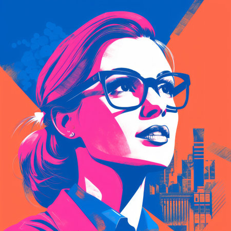 a woman with glasses and a city skyline in the backgroundの素材