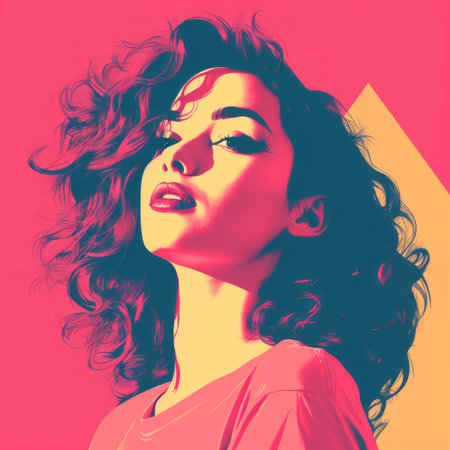 a woman with curly hair and a pink backgroundの素材