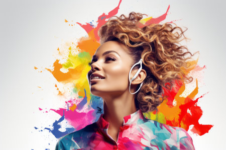 a woman with curly hair and earphones is standing in front of a colorful backgroundの素材