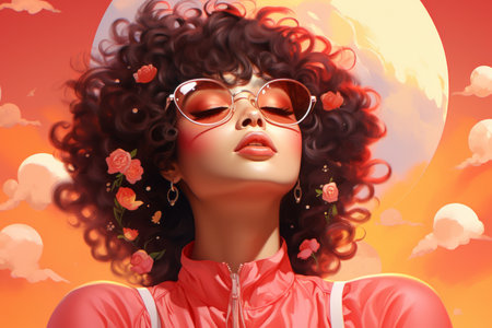 a woman with curly hair and glasses is in front of the sunの素材