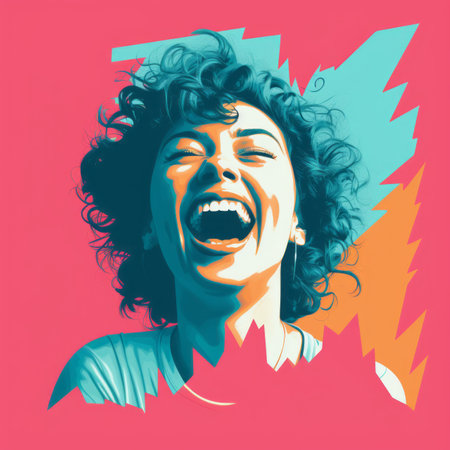 a woman with curly hair is laughing in front of a colorful backgroundの素材