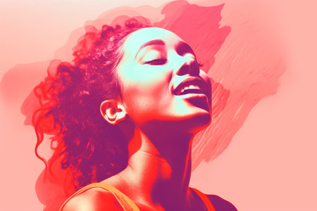a woman with curly hair is smiling in front of a colorful backgroundの素材
