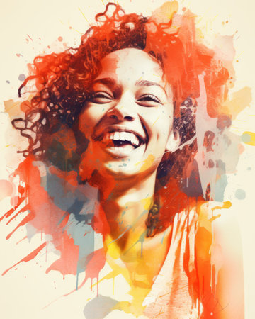 a woman with curly hair is smiling in front of a colorful backgroundの素材