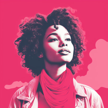 a woman with curly hair and a pink scarfの素材