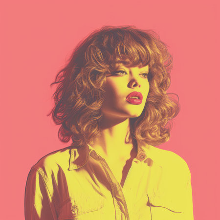 a woman with curly hair and red lipstickの素材