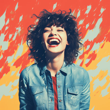 a woman with curly hair is laughing in front of a colorful backgroundの素材
