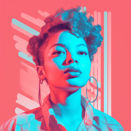a woman with curly hair and earrings in front of a colorful backgroundの素材