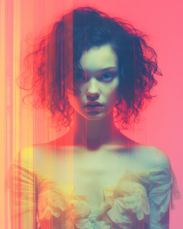 a woman with curly hair in front of a colorful backgroundの素材