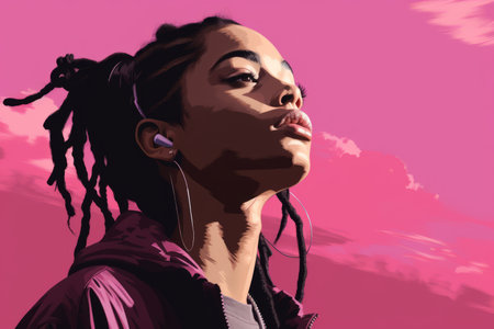 a woman with dreadlocks and headphones in front of a pink skyの素材
