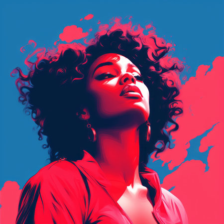 a woman with curly hair in front of a blue and red backgroundの素材