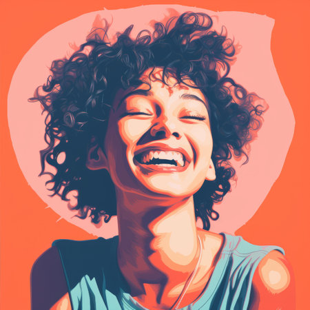 a woman with curly hair is laughing and smilingの素材