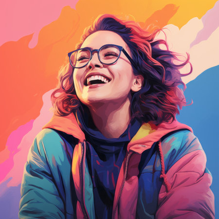 a woman with glasses and a colorful jacket is smilingの素材