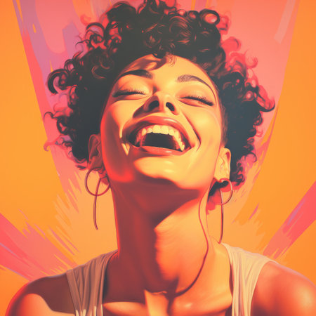 a woman with curly hair is laughing and smilingの素材