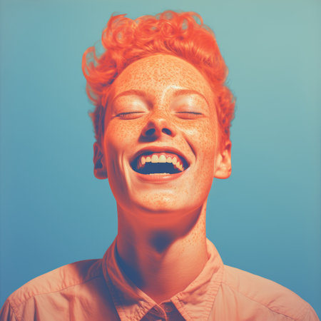 a woman with freckles on her face is laughingの素材
