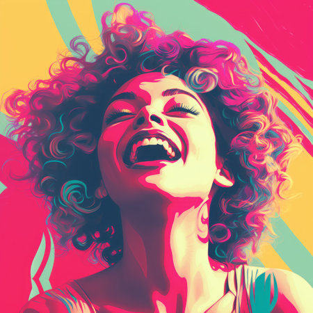 a woman with curly hair is laughing in front of a colorful backgroundの素材