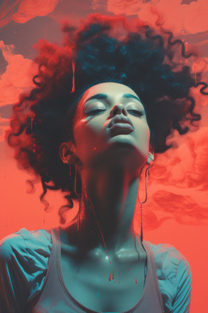 a woman with curly hair and a red backgroundの素材