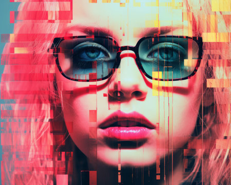 a woman with glasses and a colorful backgroundの素材