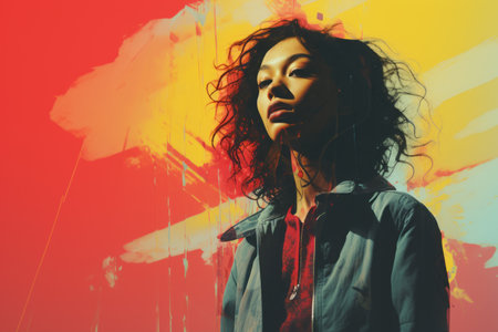 a woman with curly hair standing in front of a colorful backgroundの素材