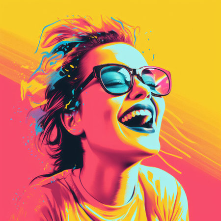 a woman with glasses and a colorful backgroundの素材