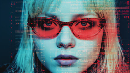 a woman with glasses and a red and blue backgroundの素材