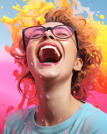 a woman with glasses and a smile is laughing in front of a splash of colored paintの素材