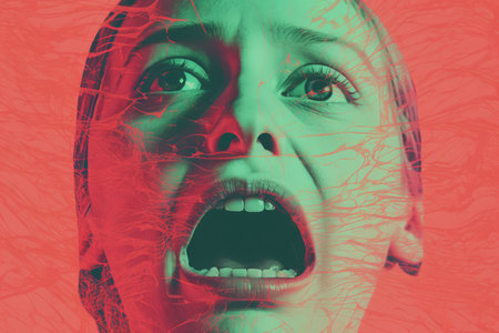 a woman with her mouth open in front of a red and green backgroundの素材