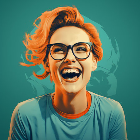 a woman with glasses and red hair is laughingの素材
