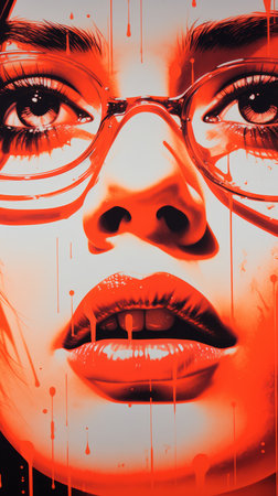 a woman with glasses and red paint on her faceの素材