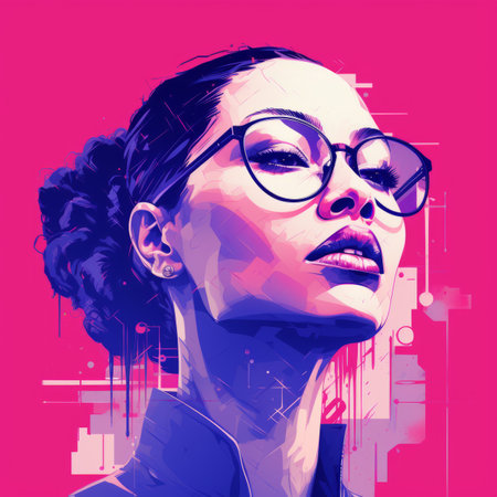 a woman with glasses on a pink backgroundの素材