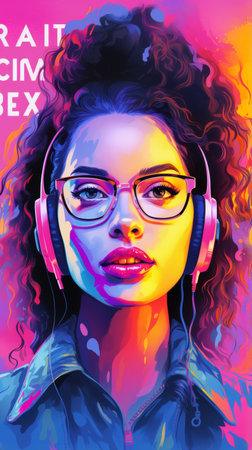 a woman with glasses and headphones in front of a colorful backgroundの素材