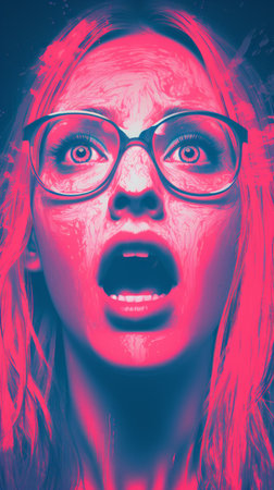 a woman with glasses and pink hair is staring at the cameraの素材