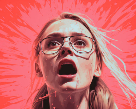 a woman with glasses is screaming in front of a red backgroundの素材