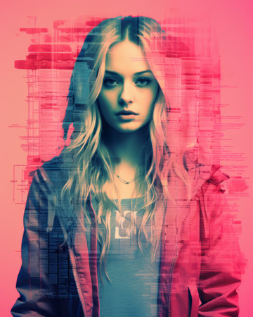 a woman with long blonde hair and a pink jacketの素材