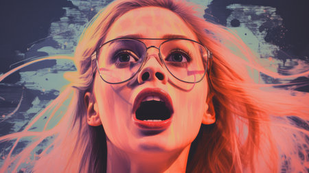 a woman with glasses on her face and an open mouthの素材